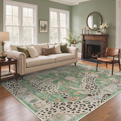 Allandale Lynx Spotted Leopard Print Sage Area Rug