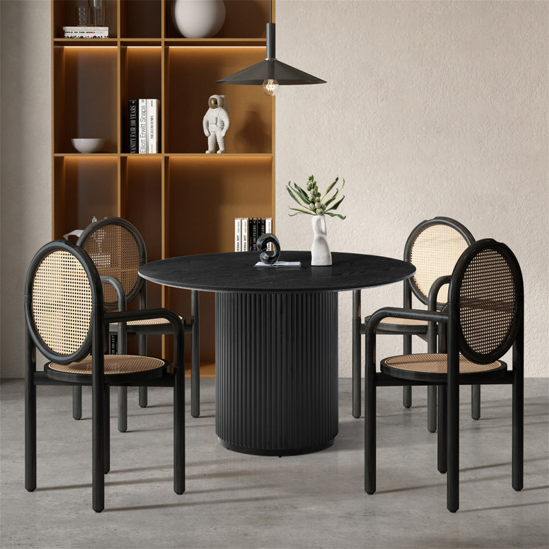 Table de salle à manger Ceballo Mid-Century pour 4 à 6 personnes, H 29 po x L 35,46 po x l 35,46 po, Brun cognac, Noir