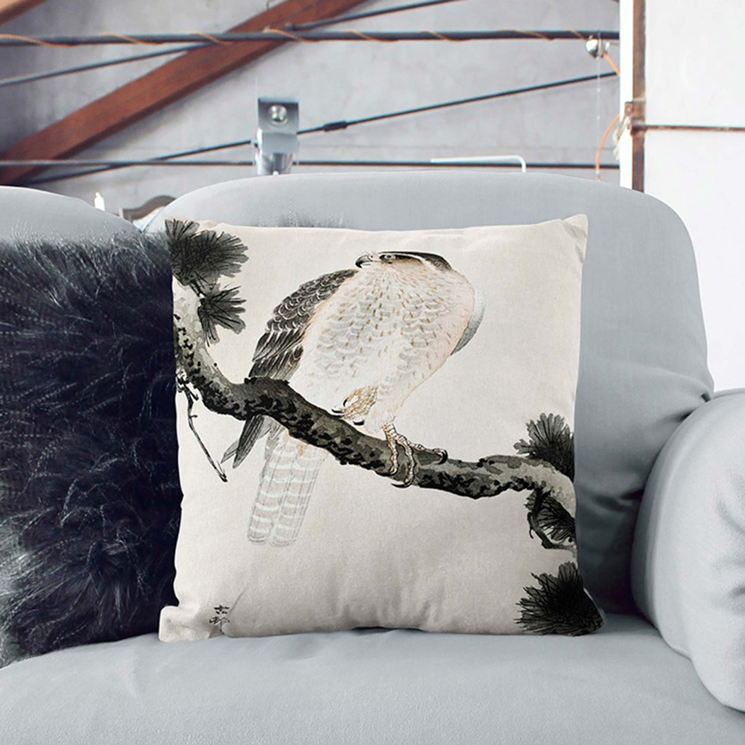 Hawk on a Pine Branch by Ohara Koson Cushion with Filling