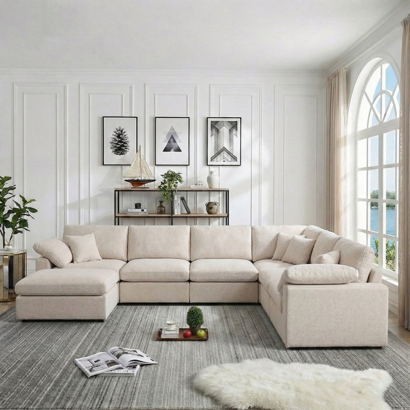 Canapé modulaire en L 7 po avec 7 repose-pieds, Chenille beige