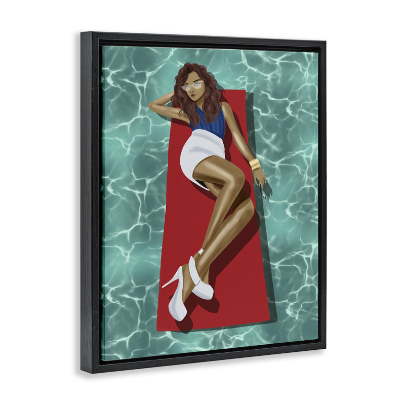 «Lounging on Pool Raft» par Saba Rauf, Cadre flottant noir de jais, H 21 po x l 17 po