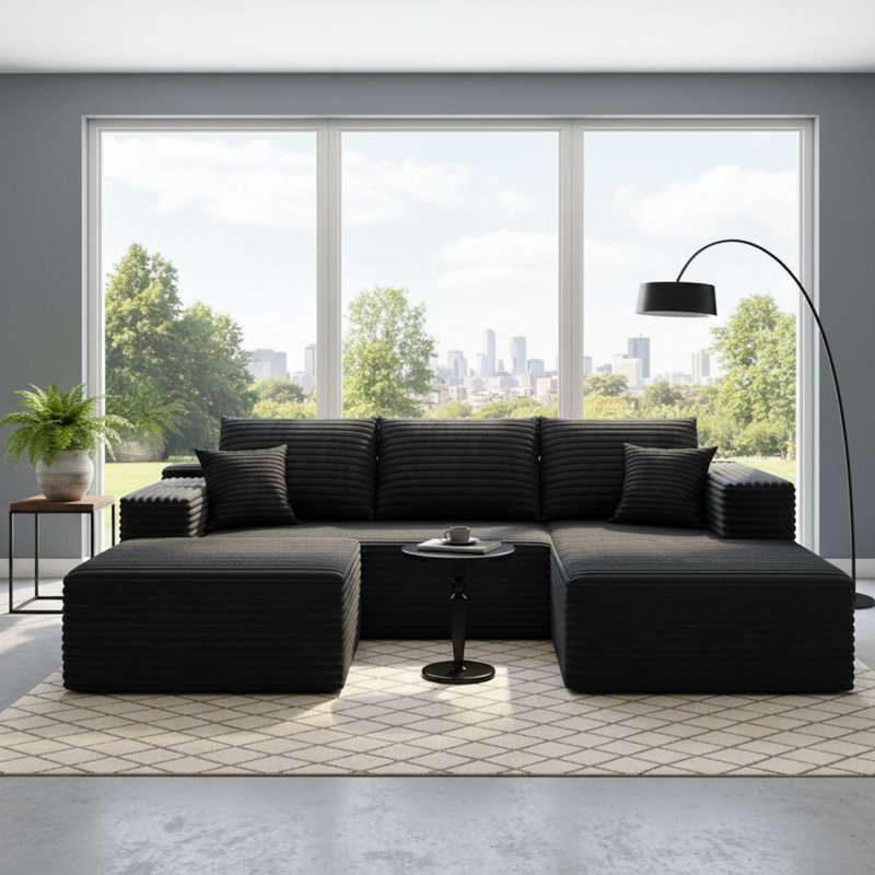 106" Modular Sectional Sofa With U-shape Chaise,right Sectional Couches For Living Room&home Office,diy Frameless Cloud Couch With Deep Seat,upholstered Couch With Memory Foam(corduroy Fabric,black)