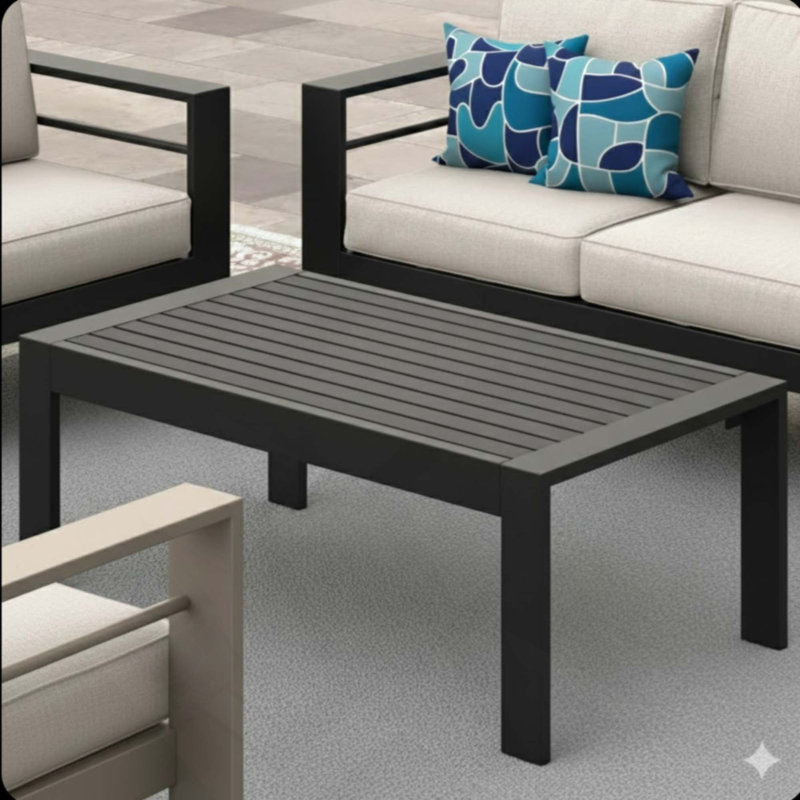 All-Weather Metal Outdoor Coffee Table With Wood-Look Top And Frame, Black