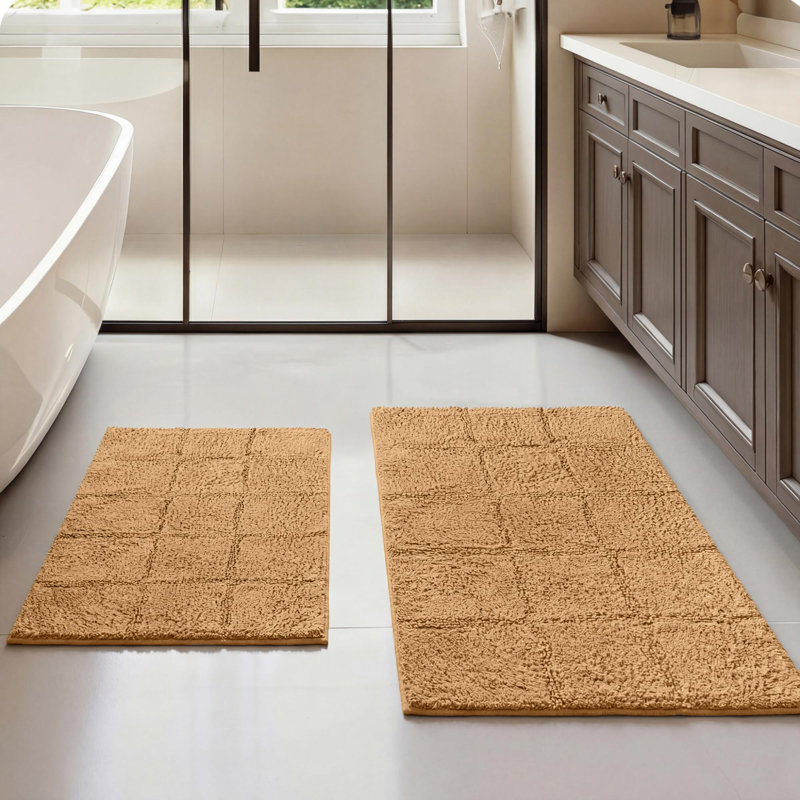 Brentwood Non-Slip Checkered 100% Premium Cotton Bathroom Rug Set, Toast