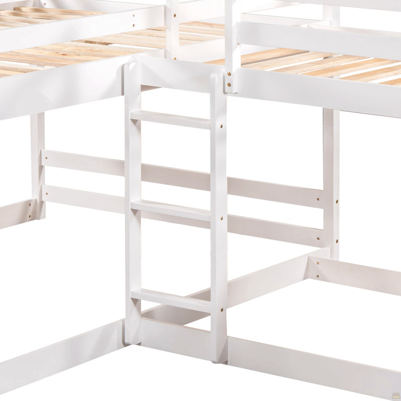 Lit superposé en L pour lit double et simple avec glissière et échelle courte, Blanc