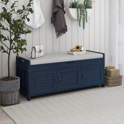 Banc de rangement avec 3 portes en forme de volet, banc à chaussures avec coussin amovible et espace de rangement caché