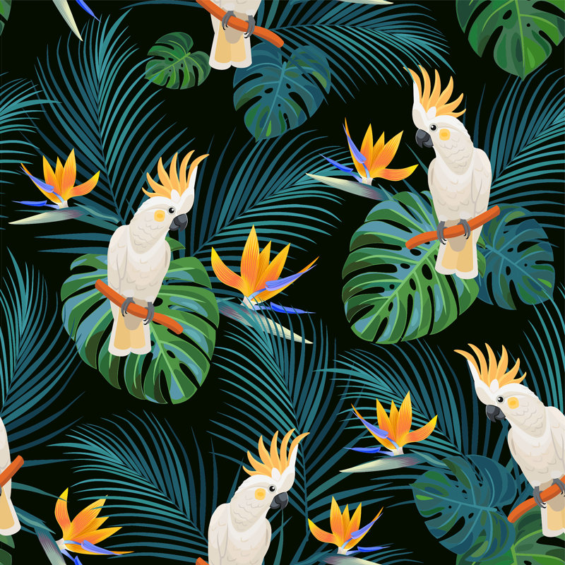 Parrots And Exotic Flowers. by Taisiia Iaremchuk - Wrapped Canvas Print, 30cm H x 30cm W