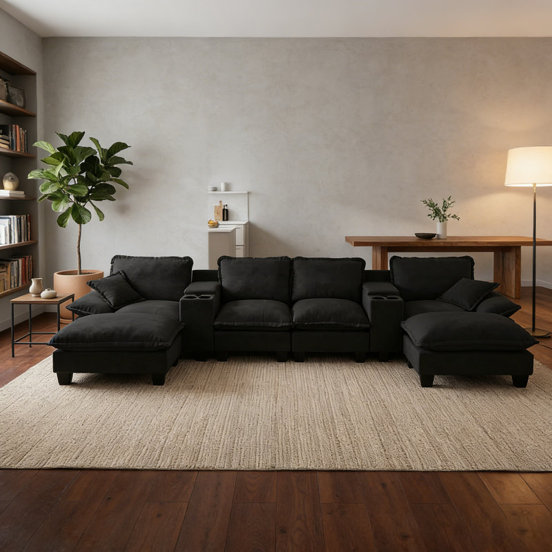 Canapé modulaire en U en chenille avec consoles de rangement, repose-pieds et ports USB, Noir