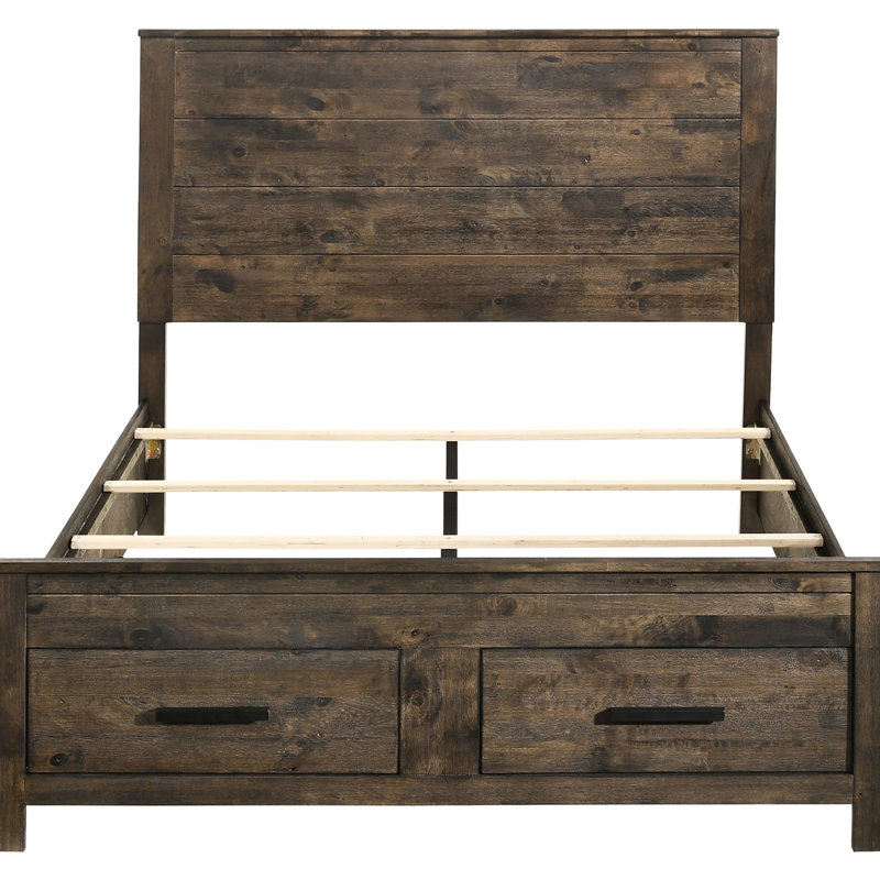 Grand lit rustique avec rangement et tête de lit en bois fabriqué à la main brun doré