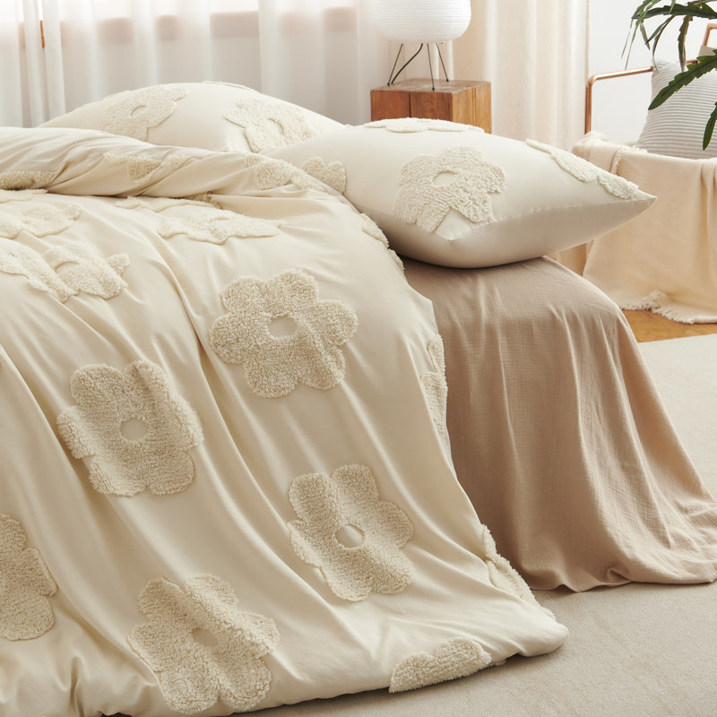 Comforter Set Floral Beige Flower Tufted Bedding Comforter Set Soft Botanical Palm Leaf Pattern Bed Set ?