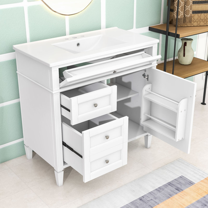 Serish Wood 2 Drawers Bathroom Vanity Cabinet with Top Sink, White