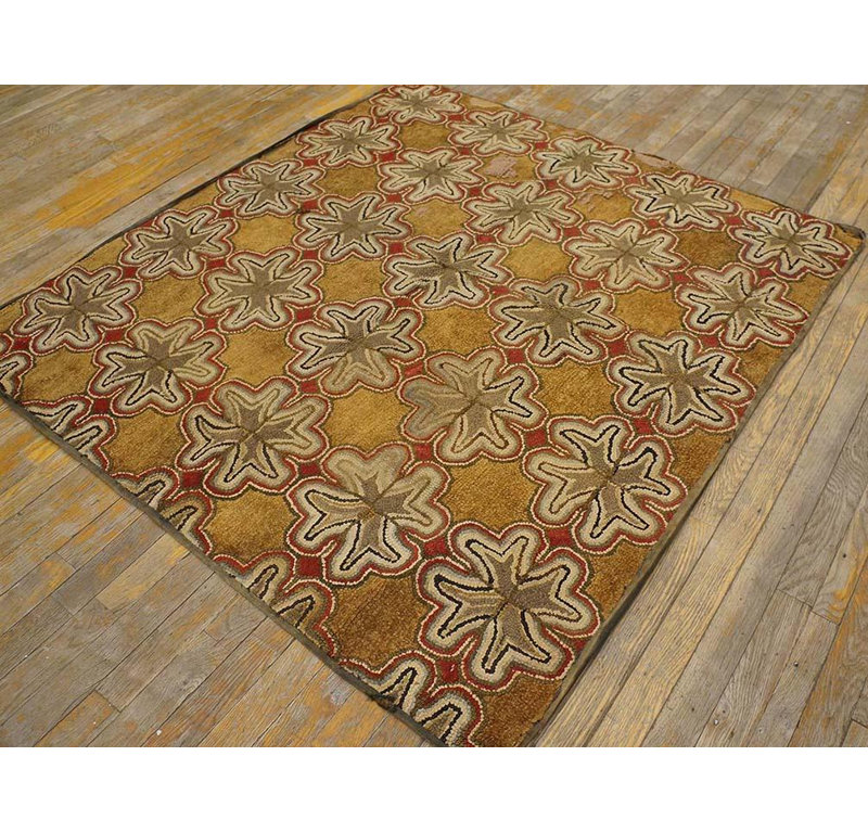 1900s Multicolor Star Folk Art American Hooked Rug 4'6"x4'8" Jute Loop Carpet