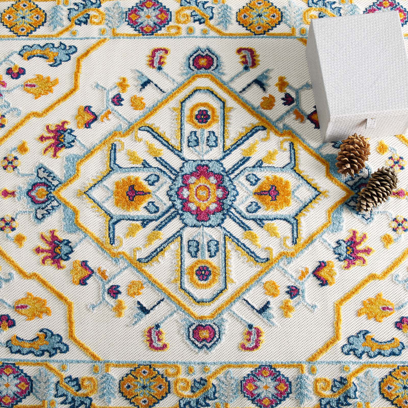 Blue Floral Synthetic Rectangular Stain-Resistant Area Rug