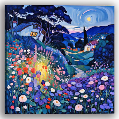 Enchanting Night Garden with Cottage Wrapped Canvas Wall Art