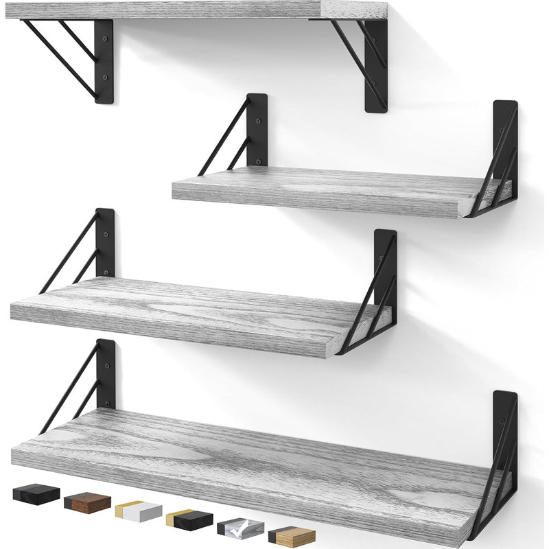 Floating Wall Shelves Set Of 4 - Rustic Wood Wall Mounted Shelves For Living Room, Bedroom, Kitchen, Bathroom - Stylish Storage Solution For Books, Decor, And Display