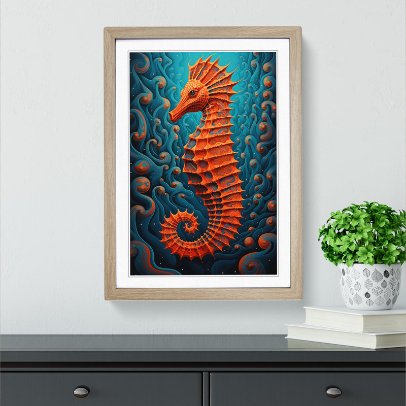 Seahorse Op - Single Picture Frame Print on Wood, Oak, 34cm H x 25cm W x 2cm D