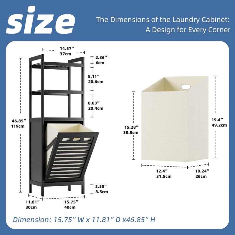 Armoire pour panier à linge inclinable avec sac amovible, tablettes de rangement à 3 niveaux et panier de 10 gallons - Organisateur de salle de bain en bambou ventilé avec sangle murale