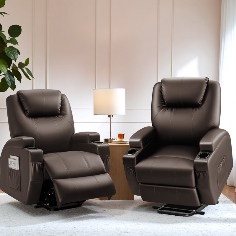 Fauteuil inclinable électrique en cuir Pu avec massage pour personnes âgées (ensemble de 2), Brun
