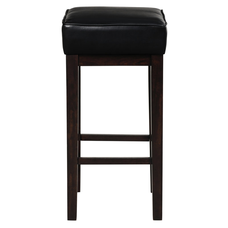 Tabourets de pub de 29 pouces (de 2), siège en bois avec similicuir noir, mobilier de salle à manger transitionnel, structure de couleur unie