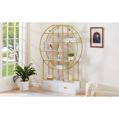 70.8 Inch Round Office Bookcase Bookshelf, Display Shelf, Two Drawers,Frame