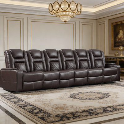Modern 6-Seat Premium Faux Leather Power Reclining Home Theater Sofa With Cup Holders & Arm Storage