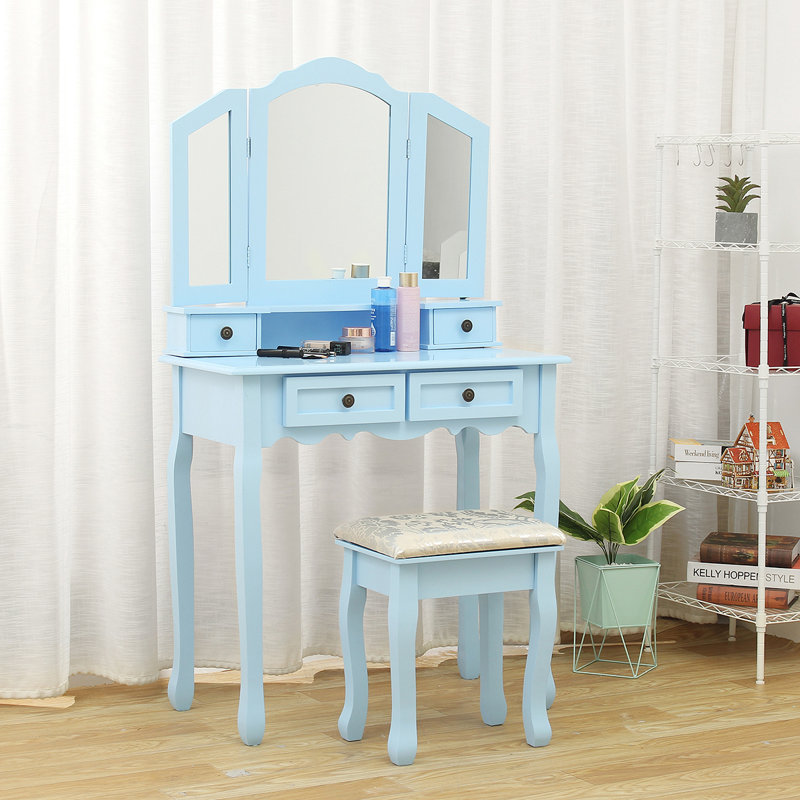 Ensemble coiffeuse avec tabouret et miroir Damonni, Bleu