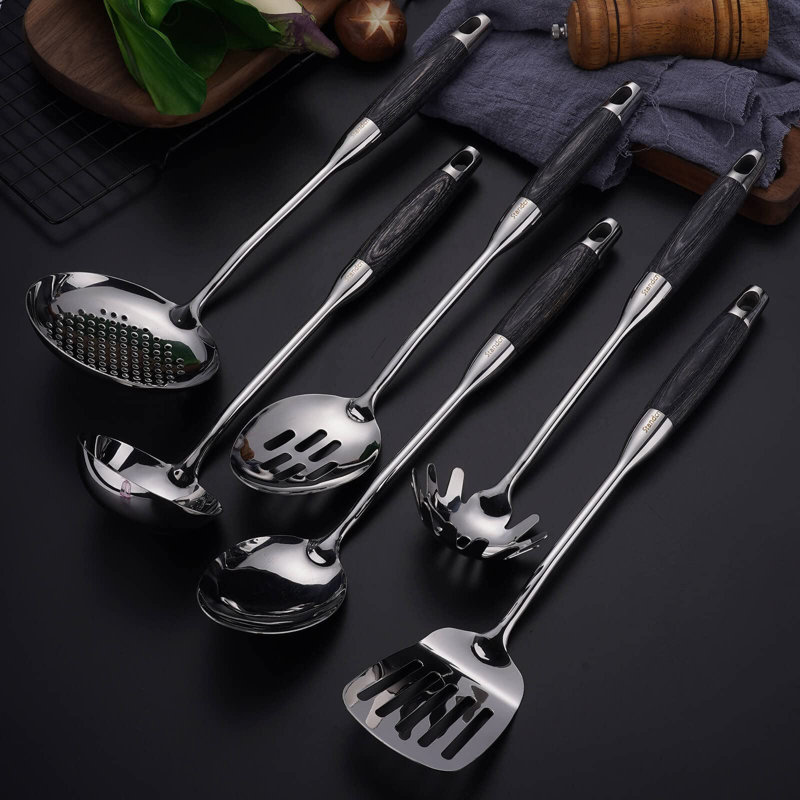 Elegant Stainless Steel and Rosewood Cooking Utensil Set