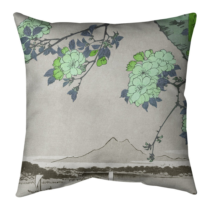 Housse de coussin Utagawa Hiroshige Blossoms Over the River, 18 po x 18 po, Housse de coussin seulement, Vert