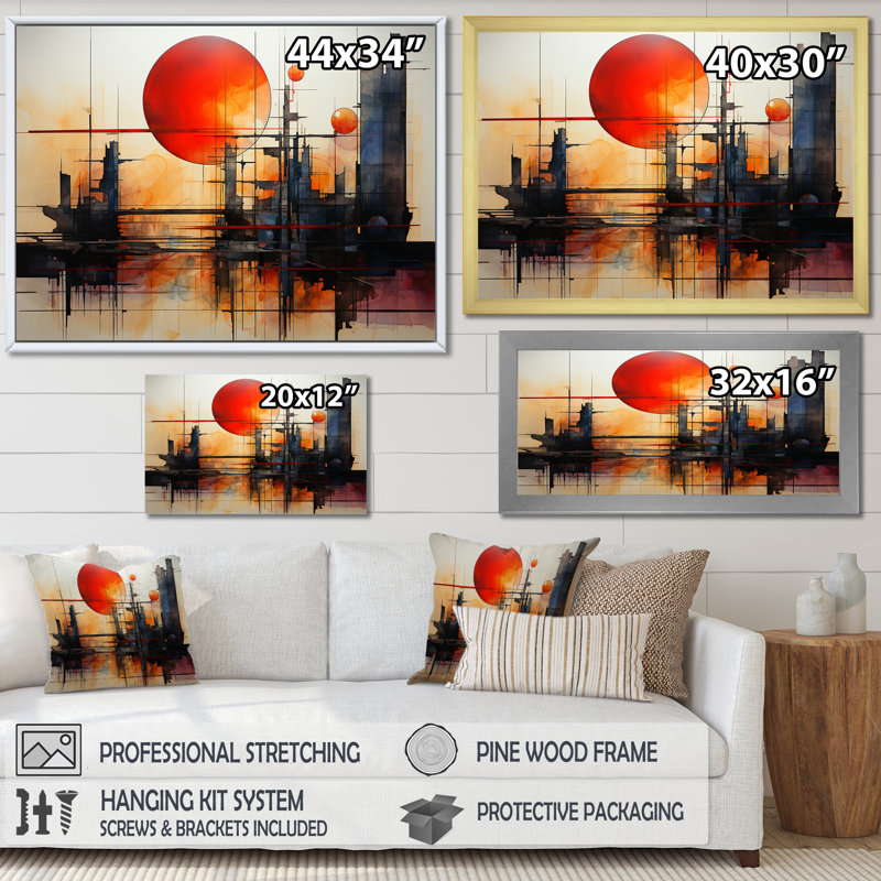 «Industrial Landscape Scarlet Shift - Bâtiments et paysages urbains», reproduction d'art sur toile, Cadre doré simple