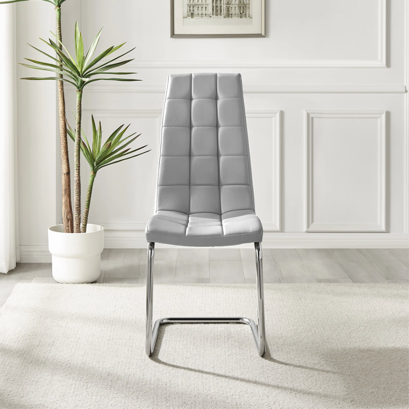 Chowchilla Faux Leather Cushioned Chrome Cantilever Leg Dining Chairs with Square Stitching, Grey