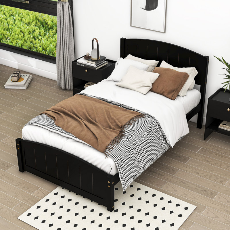 Twin Size Wood Platform Bed with Headboard, Espresso