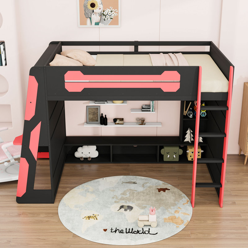 Lit mezzanine double en bois avec bureau intégré, tablettes, échelle et lumière, Rouge