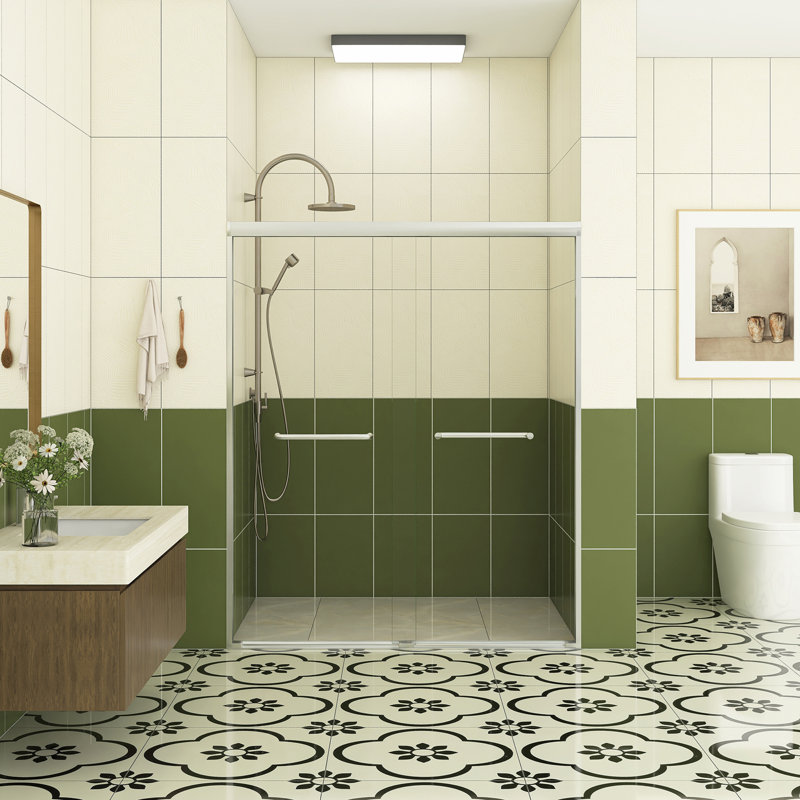 60 po X P 72 po H Porte de douche coulissante avec cadre en nickel brossé et verre trempé transparent, Nickel brossé