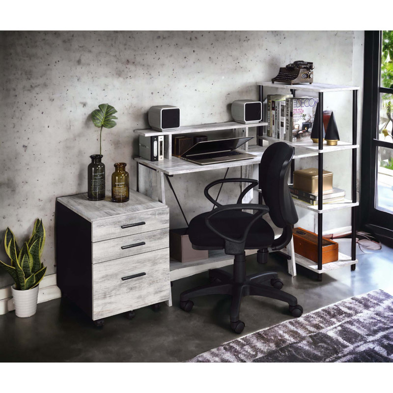 Modern Minimalist Wooden Desk With Bookshelf,Perfect For Home Office Use, Grey/White