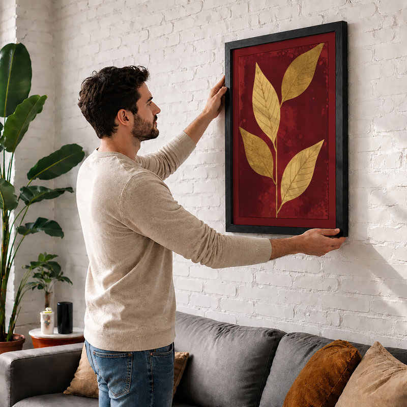 Single Stem in Gold Botanical - Framed Print, Black, A4 - 29.7 x 21.0 cm