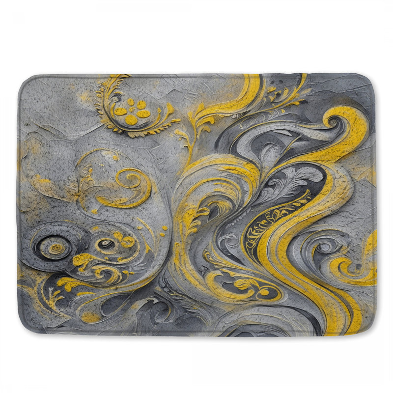 Tapis de bain jaune à tourbillons gris, L 24 po x L 17 po