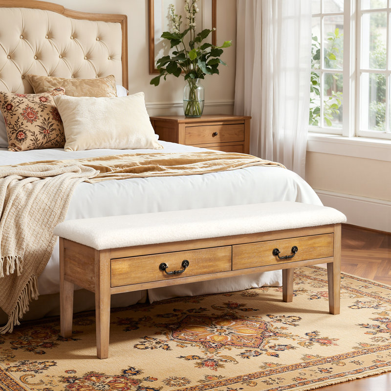 Minimalist Wood Grain Storage Bench, Solid wood Storage Ottoman with 2 Smooth Drawers and Sherpa Cushion
