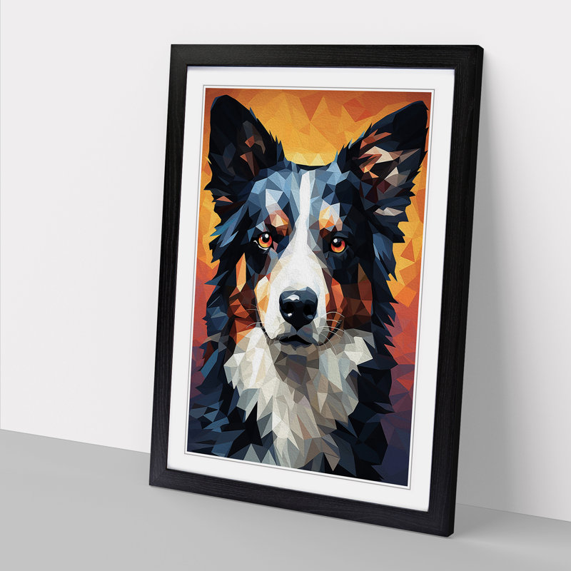 Border Collie Geometric - Single Picture Frame Print on Wood, Black Framed, 46cm H x 34cm W x 2cm D