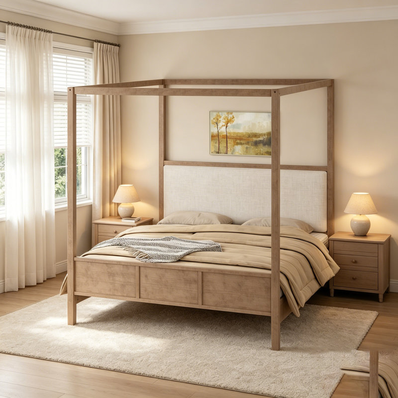 Lit plateforme à baldaquin en bois avec tête de lit tapissier, aucun sommier nécessaire, Grand lit, Noyer naturel