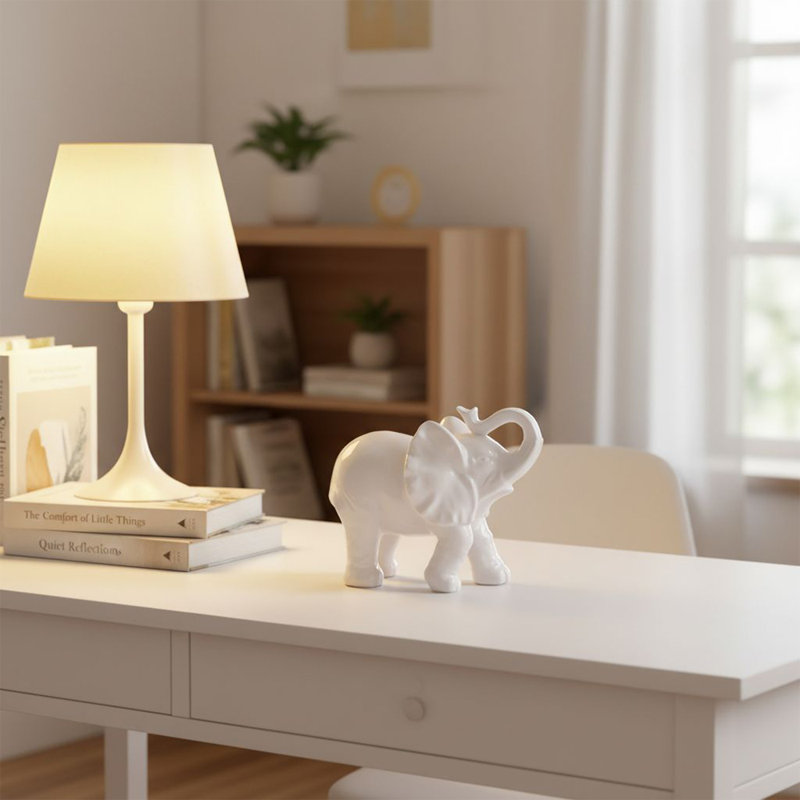Small White Ceramic Elephant Figurine, Elegant Elephant Desk Decor for Shelf or Table