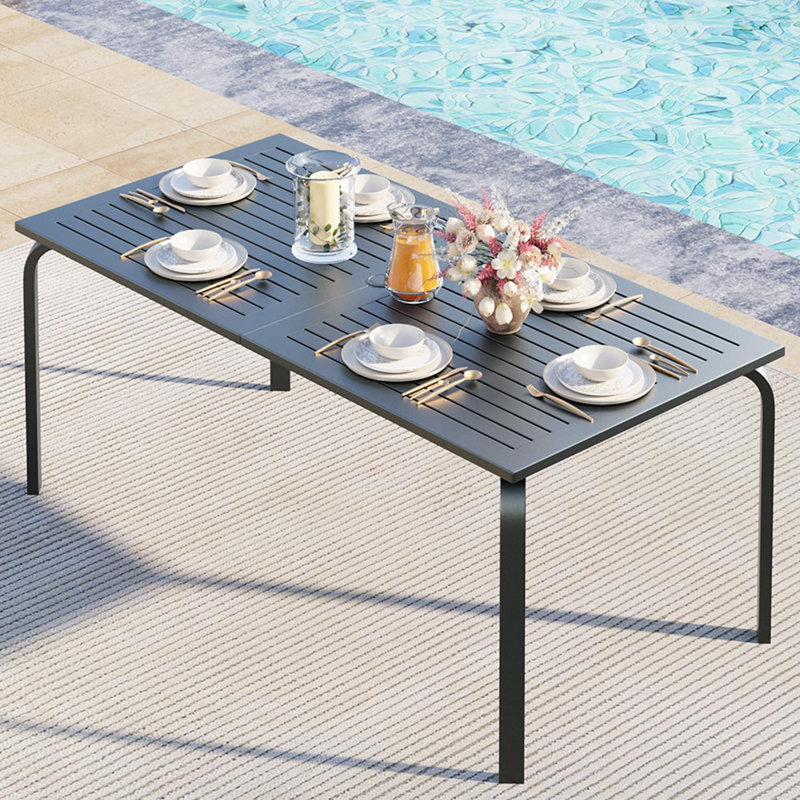 Table de salle à manger d'extérieur moderne avec trou pour parasol, table de patio en aluminium résistante à la rouille toutes saisons pour piscine et cour arrière