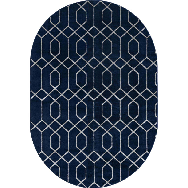 Glam Navy Blue Silver Area Rug, Oval 4'1" x 6'1"
