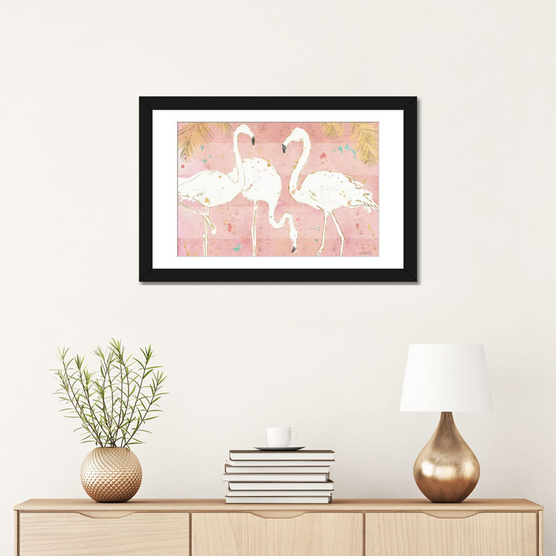 « flamant rosee iv », reproduction d’art sur toile tendue, H 16 po x l 24 po x P 1 po, Papier d'art encadré noir, Blanc