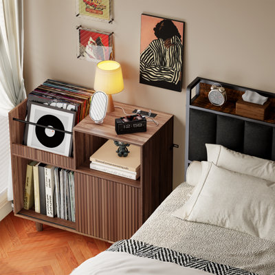 Retro Record Player Stand With LED Lights & Power Outlets - 300 Vinyl Storage Shelf For Living Room, Office