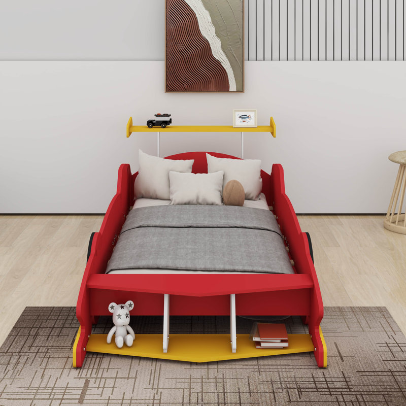 Lit voiture de course simple, lit plateforme en bois en forme de voiture avec tablettes de rangement, Rouge