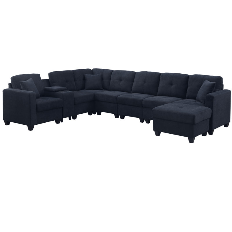 L-shaped Sectional Sofa with Ottoman Cup Holder  USB Type-C Port Storage Box Dark Blue Couch, Dark Blue