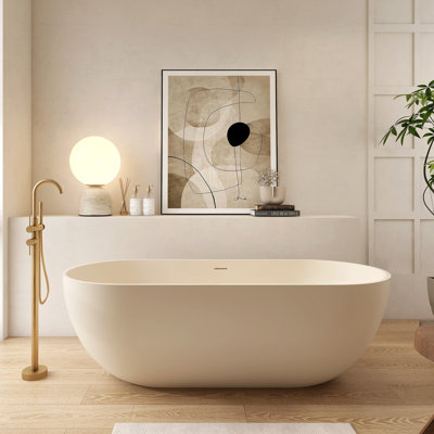 69" Freestanding Deep Soak Tub Solid Surface Soaking Bathtub Creamy