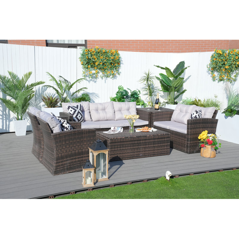 Ensemble de conversation modulaire en rotin 6 pièces avec coussins Tervell, Marron