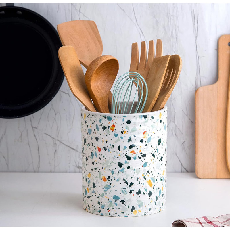 7.2" Extra Large Stable Terrazzo Marble Pattern Ceramic Utensil Holder (Blue, for Kitchen Decor & Gifting)