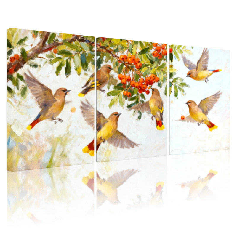 Oiseaux qui volent près de branches de baies, ensemble de 3 impressions sur toile, H 24 po x l 48 po